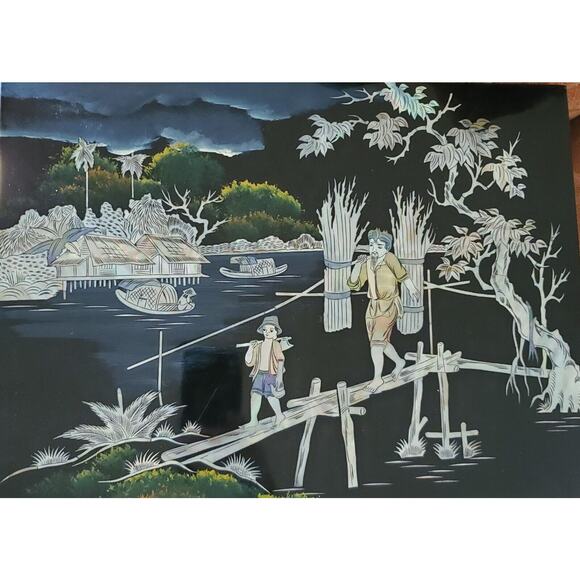 Inlaid Asian Artwork Shell On Black Lacquered Wood Vintage 12x16 Inches - Picture 15 of 15